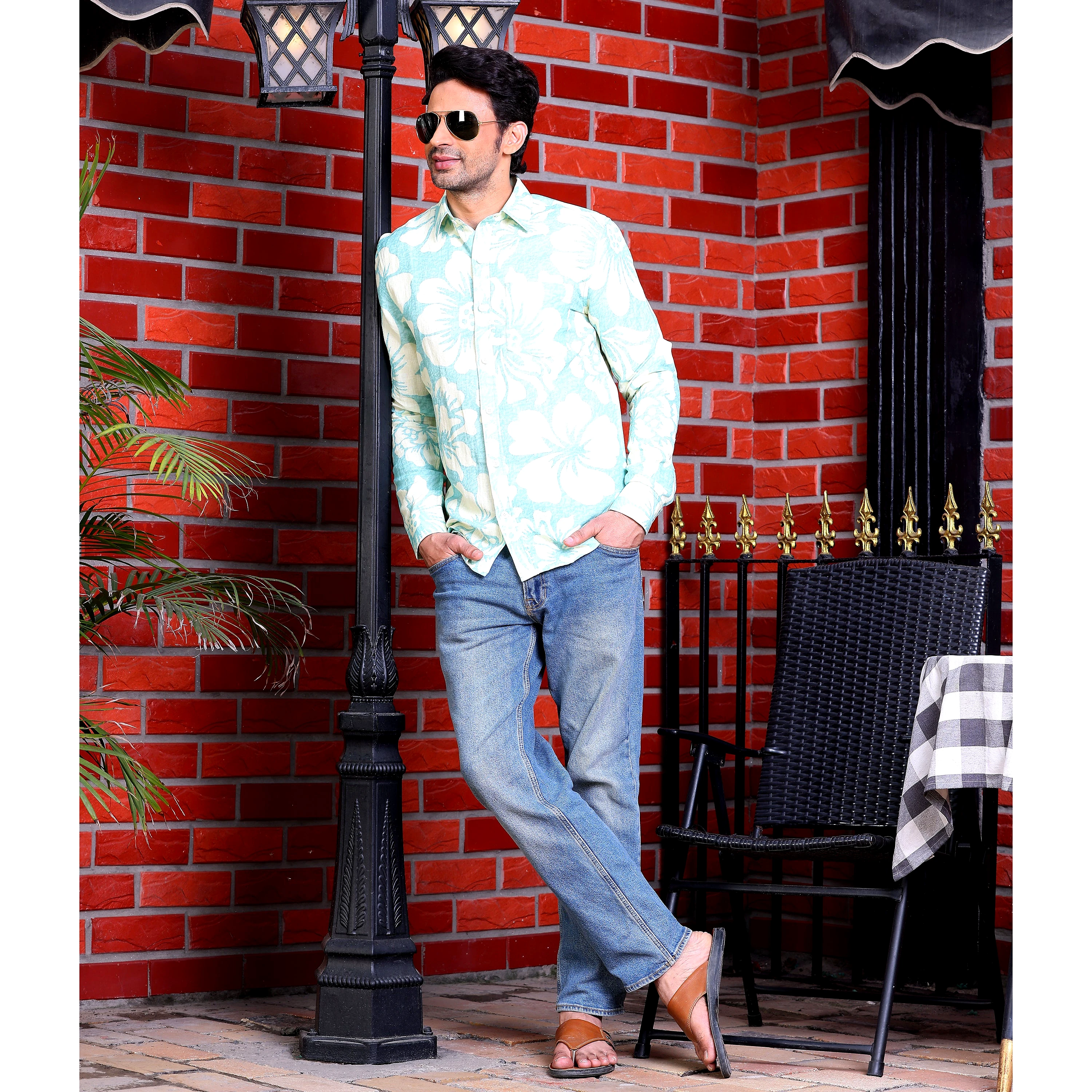 Hibiscus Print Artic Blue Casual Pure Linen Full Shirt (Size - M) by BLUE EAGLE view 2