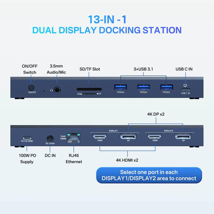 ACASIS Displaylink Docking Station Dual Monitor for MacBook M1/M2/M3/Windows,2*DisplayPort, 2*HDMI, 100W PD Charge, SD/TF, Ethernet,Audio, 3*USB 3.1 view 2