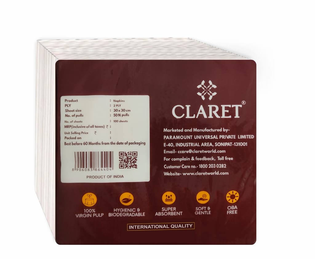 Claret 2-Ply Soft & Absorbent Napkins 30x30 cm, 100 Sheets (50 Pulls) – Eco-Friendly, Durable and Hygienic Napkins, Pack of 3 view 2