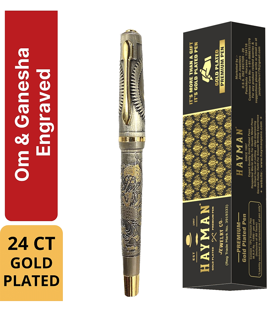 Hayman 24 CT Gold Plated Ganesha & Om Engraved Roller Ball Pen with Gift Box (Pen-189)