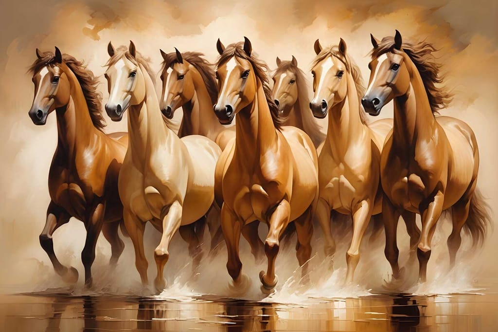 PAINTING OF SEVEN STALLIONS OF STRENGTH 24in X 16in WITH BLACK FRAME view 2