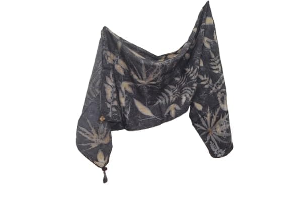 TULIP Traditional Artisians' Upliftment Livelihood Program Batik Print Scarf, Black and Beige, Floral Leaf Pattern, Tassel Detail view 2