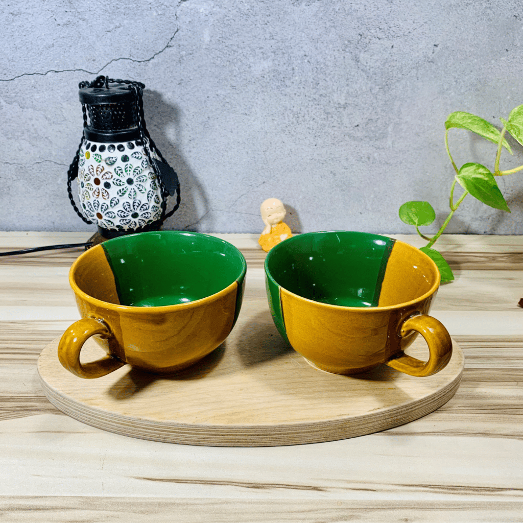 Homefrills Ceramic Glossy Finish Large Coffee Mugs/Soup Mugs/Cereal Bowls Set of Two Glossy Finish Suitable for Coffee, Tea, Juice, Cappuccino, Soup,Milk etc. (275ml) Set of 2 (Colour-Green & Yellow) view 2