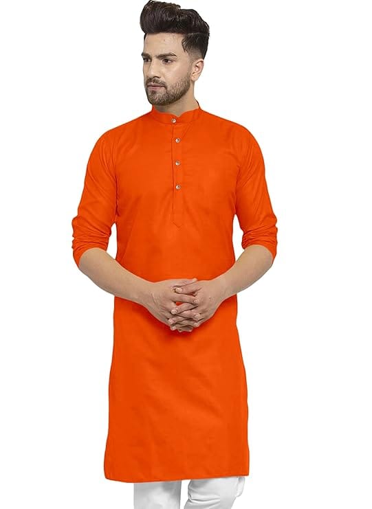 Men's Orange Cotton Blend Long Kurta view 2
