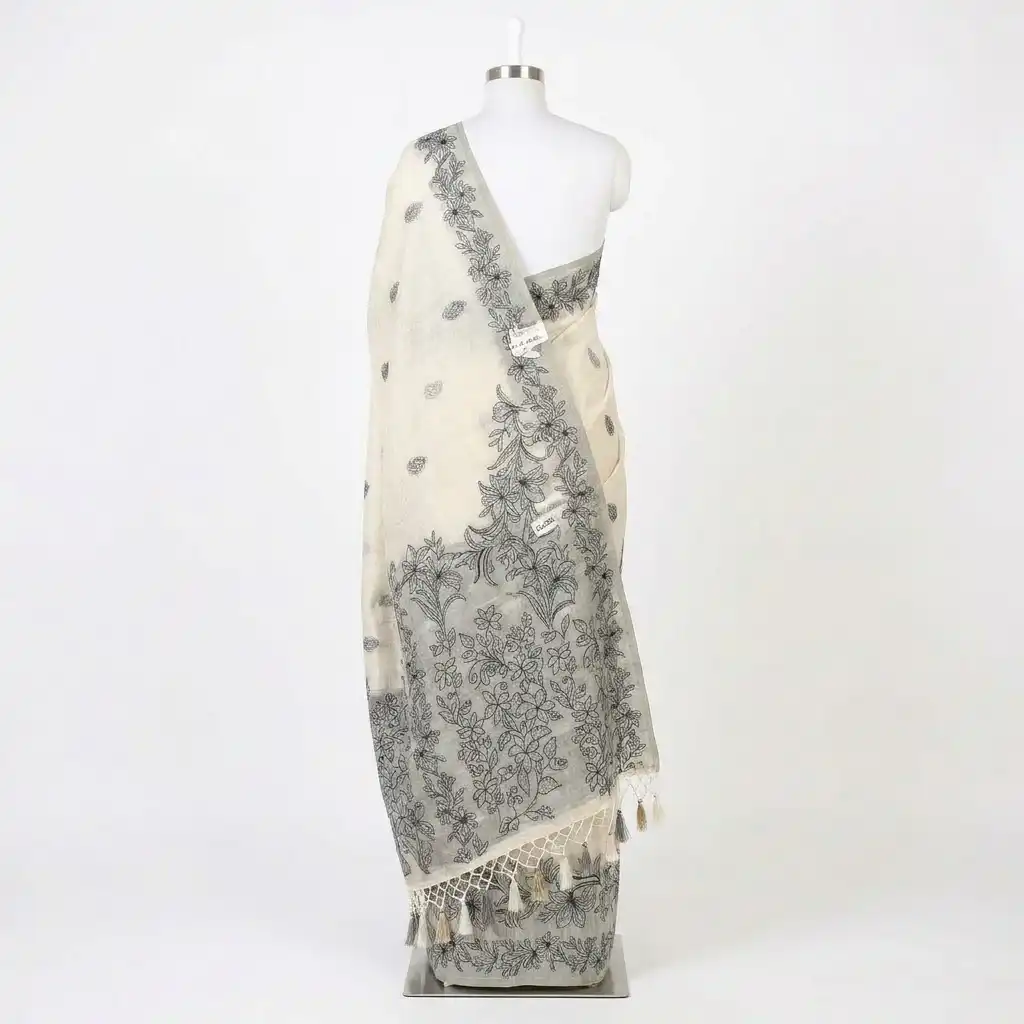 Sambalpuri Floral Print Black Odisha Tussar Cotton Saree view 2