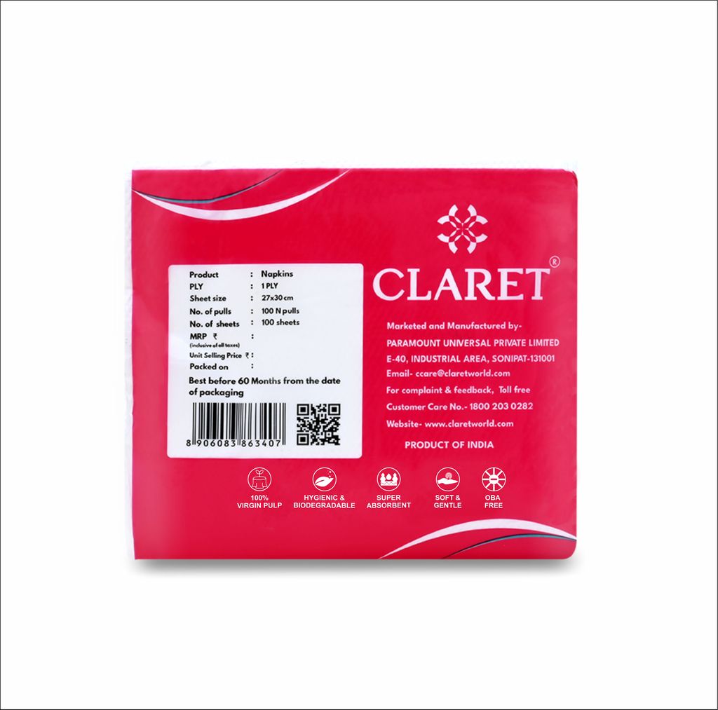 Claret Soft 1-Ply White Napkins, 100 Sheets/Pack, 8 Packs – Absorbent, Disposable Tissue for Dining, Parties, Kitchen & Everyday Use, Hygienic view 2