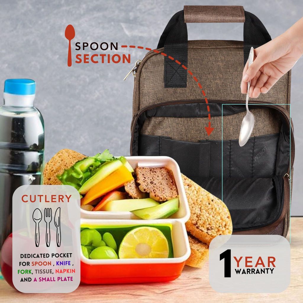 Insulated Lunch Bag | Large Space Fits 2 Lunch Boxes & 1Ltr Water Bottle, Front Cutlery Compartment (Khaki & Brown Color) TB15 view 2