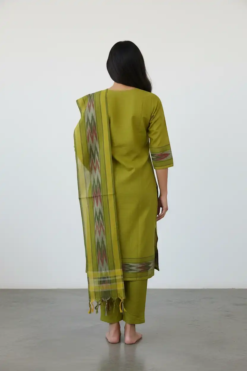 Ikat Trim Cotton Kurti Set Mehendi Green 3 Piece view 2