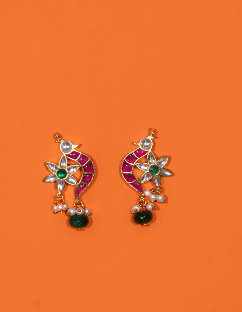 RAI MAYNA SHAPED MAROON POLKI WITH SEMI-PRECIOUS STONE WITH BASRA MOTI view 2
