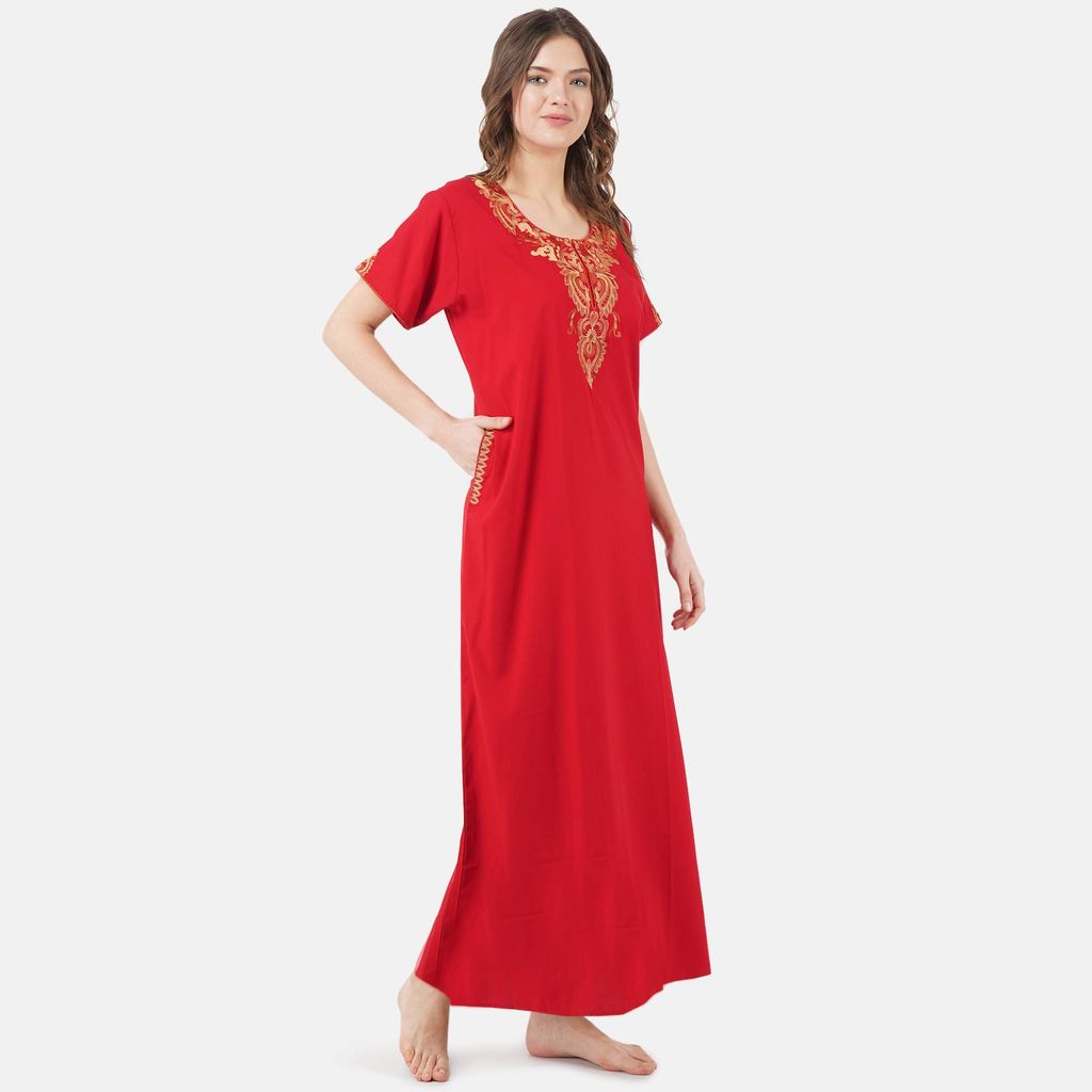 KOI SLEEPWEAR lissybissy Cotton Resham Embroidery Nighty Night Gown Maxi for Women A line (Red) view 2
