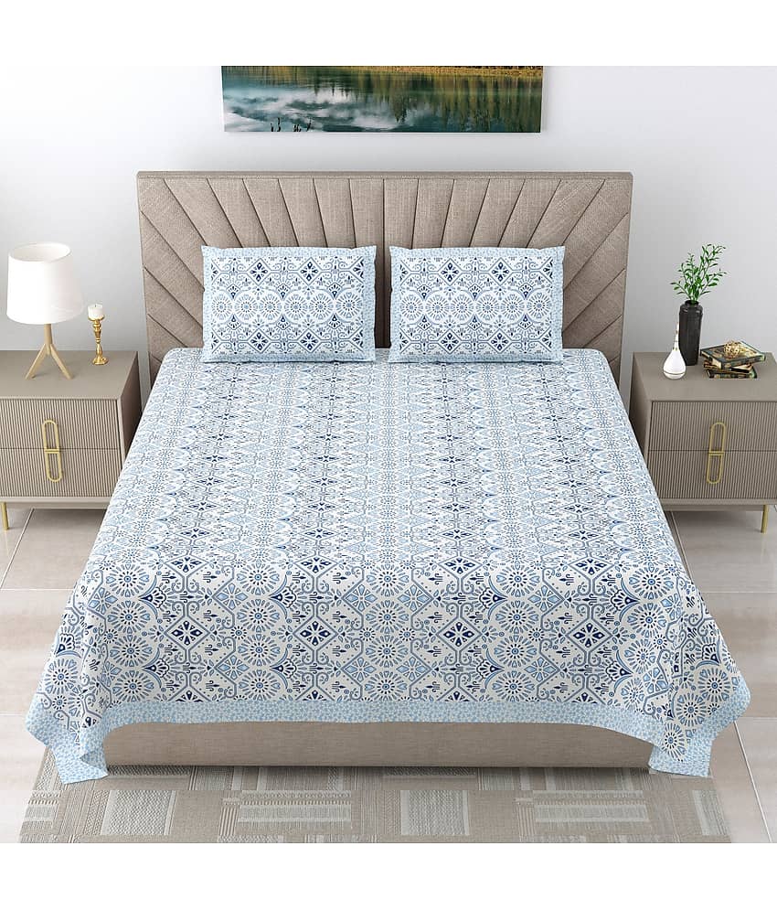 Shubastik Cotton 1 Double Queen Bedsheet with 2 Pillow Covers ( Blue )