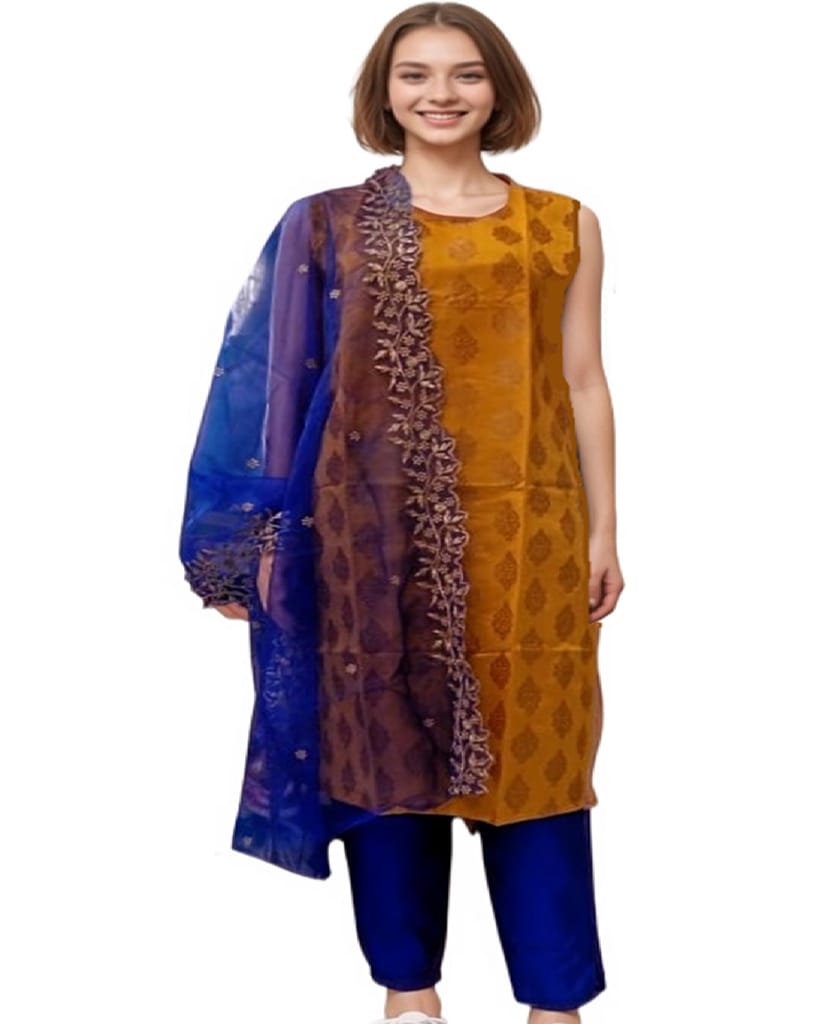 MyCOST Zari Weave Jacquard Festival wear Kurta Pant Dupatta Set, Sleeves attached view 2