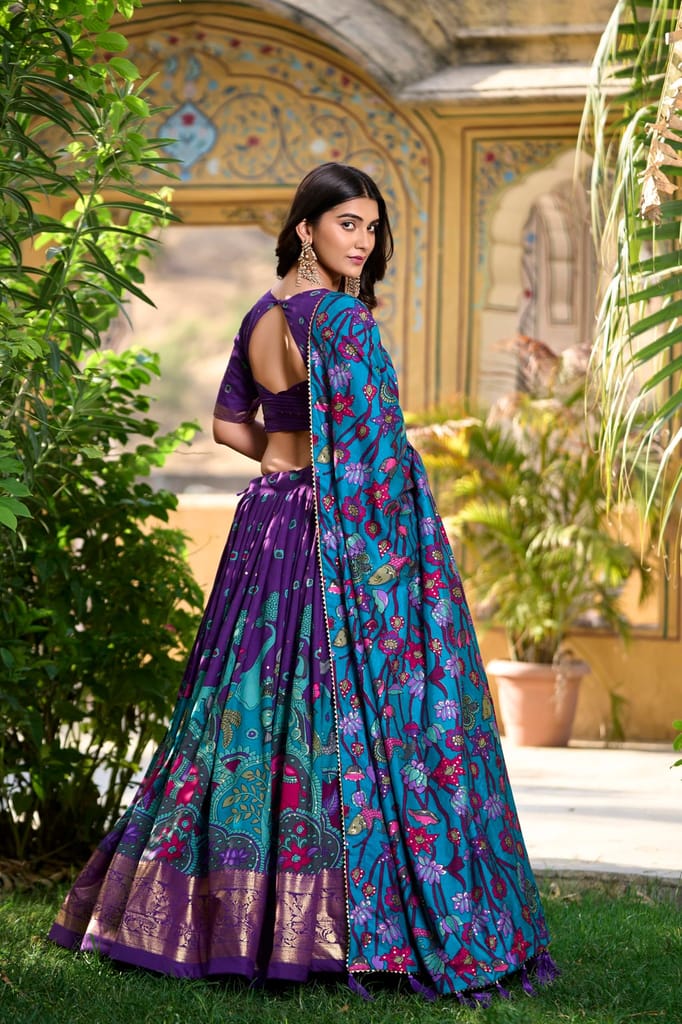 Shringar House Traditional Premium Floral Print & Foil Work Lehenga Choli Set for Wedding, Ethnic Wear with Embroidered Gota Patti Border Lehenga Choli Dupatta Set with Unstitched Blouse (Purple) view 2
