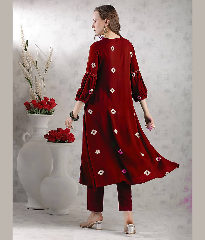 anushansa Rayon Embroidered Kurti With Pants Women's Stitched Salwar Suit - Maroon ( Pack of 1 ) view 2