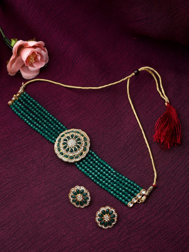 Cardinal Green Color Onyx Multistring Gold Plated Brass Choker Necklace Set view 2
