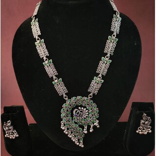 Elegant Long Pendant Style Oxidized Silver Tone Necklace and Earrings Set Brass Alloy Necklace with Earrings view 2