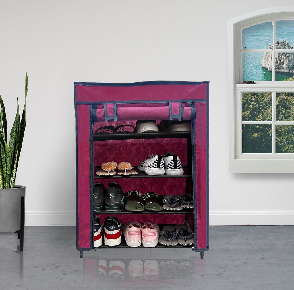 PHILOSHOP 4-Tier Metal Shoe Rack with Dustproof Cover – Black, Space-Saving Storage Organizer for Entryway