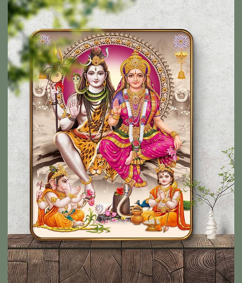 SAF Shiv Parivar Wall Painting | Lord Shiva Parvati Ganesh Kartikeya Art | Sparkle Laminated Golden Frame MDF Poster for Home Temple Pooja Room | Hindu God Family Spiritual Décor view 2