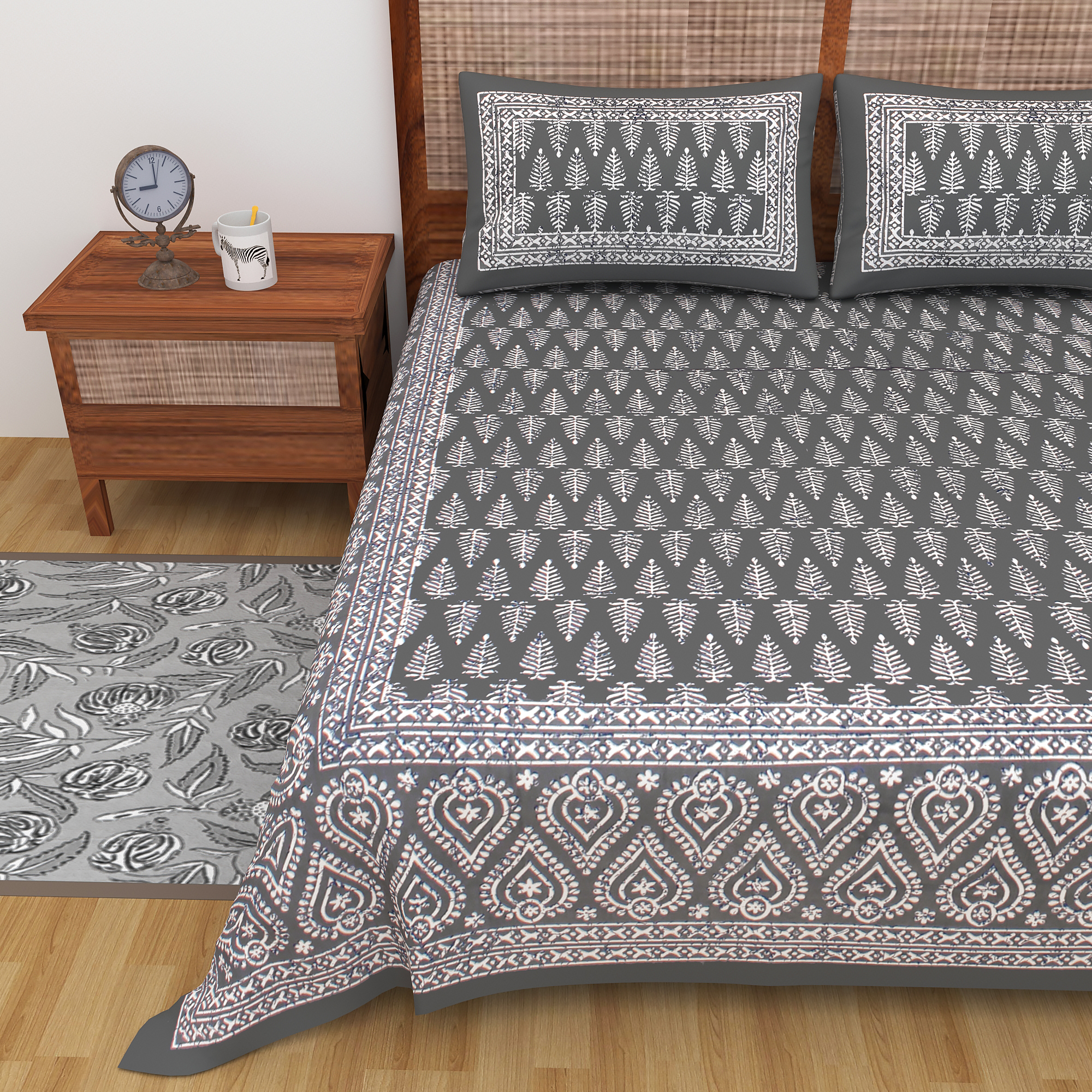 Lali Prints Grey White Ethnic Motifs Cotton 130 TC Queen Bedsheet with 2 Pillow Covers view 2