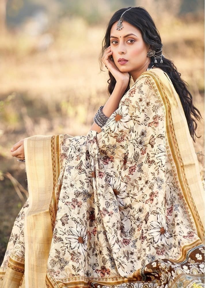 Digital Printed Cotton Saree in Off White view 2