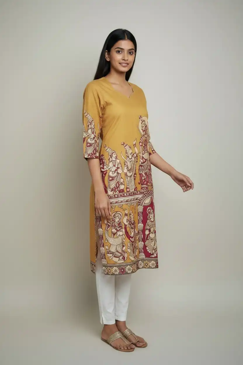 Kalamkari Print Cotton Kurti Mustard Gold view 2