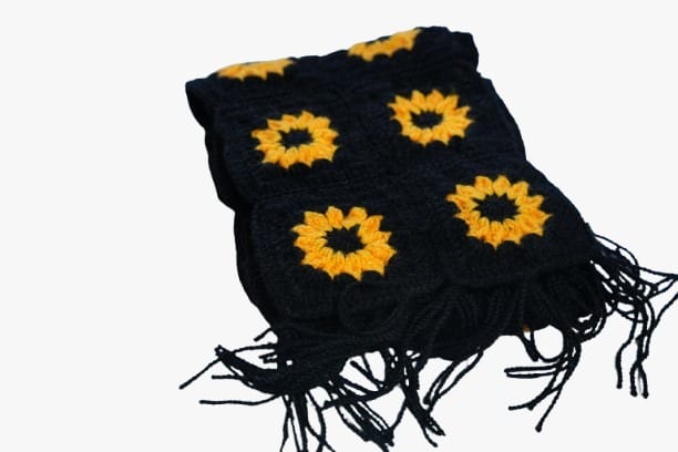 Handcrafted Black & Yellow Crocheted Wool Scarf with Sunflower Motifs view 2