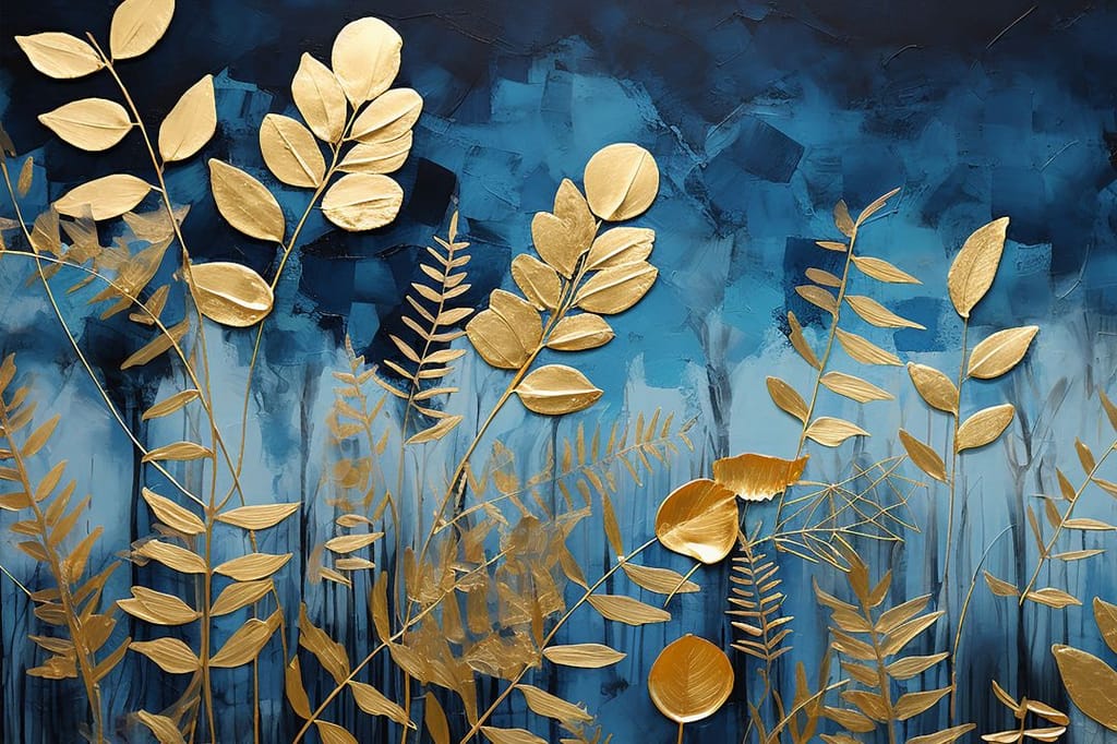 BLUE AND GOLD ABSTRACT BOTANICAL PAINTING 24in X 16in WITH BLACK FRAME view 2