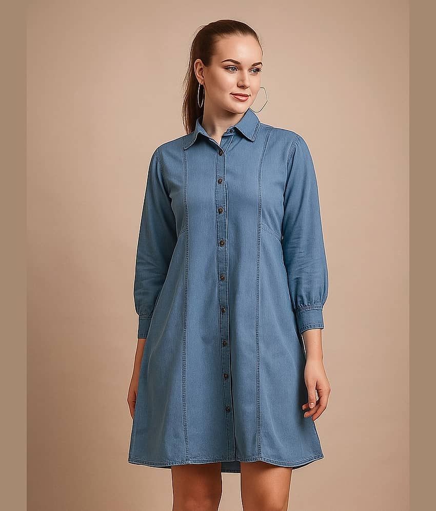 Addyvero Women Denim Solid A-line Dress ( Light Blue )