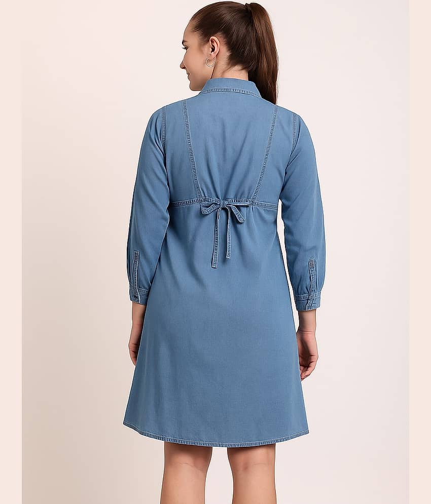 Addyvero Women Denim Solid A-line Dress ( Light Blue ) view 2
