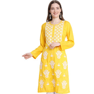 Numak Women Chikan Embroidery Straight Kurta (Yellow, White) view 2