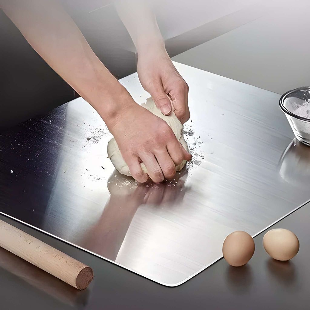 Heavy Duty Stainless Steel Chopping Cutting Pad with Rolling Pin | 35 × 31 CM Stainless Steel Cutting Board | Multipurpose Kitchen Chopping Board & Dough Rolling Board | Food Preparation Board for Cutting, Chopping & Rolling (Original) view 2
