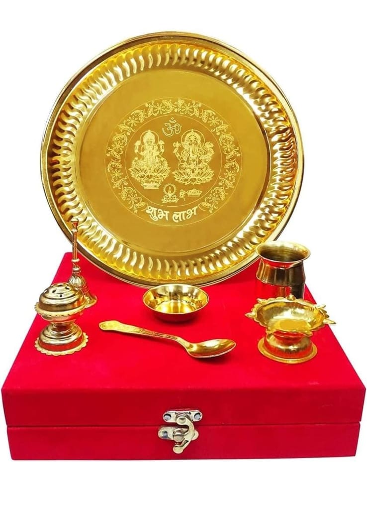 Traditional Brass Pooja Thali Set with 7 Pieces in Gift Box view 2