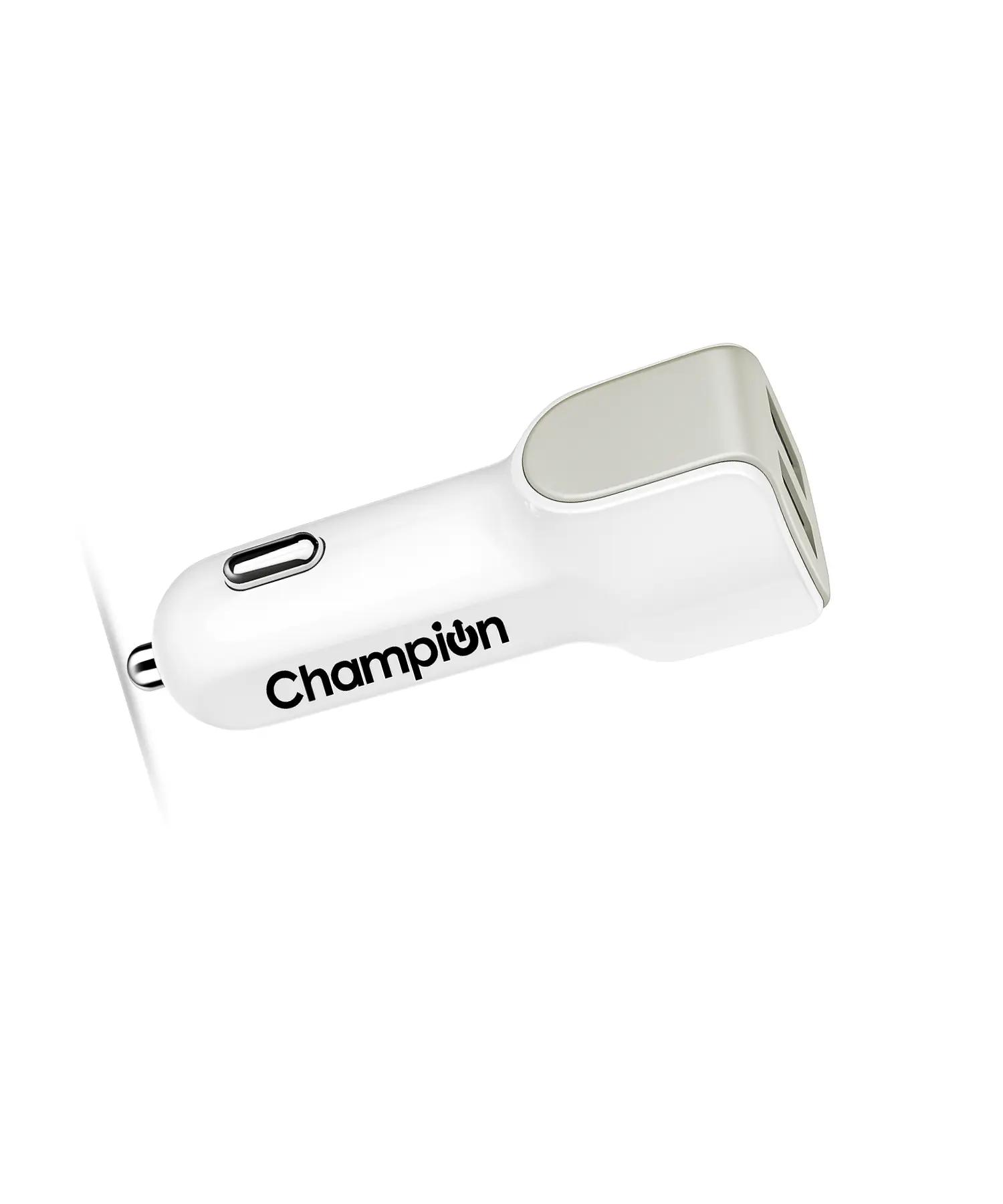 Champion Dual Port USB Fast Car Charger 3A | Compact High-Speed Charger for Android & iPhone (White) view 2