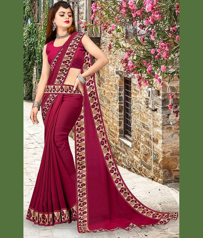 WXW Fashion Lycra Embroidered Regular Saree With Unstitched Blouse Piece ( Maroon ) view 2