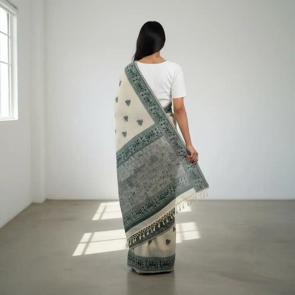 Saura Art Cotton Saree Cream Green Dancing Figure Buti view 2