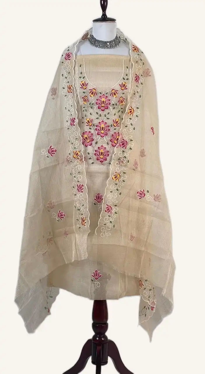 Kota Doria Dress Material Biscuit Beige Floral Buti view 2