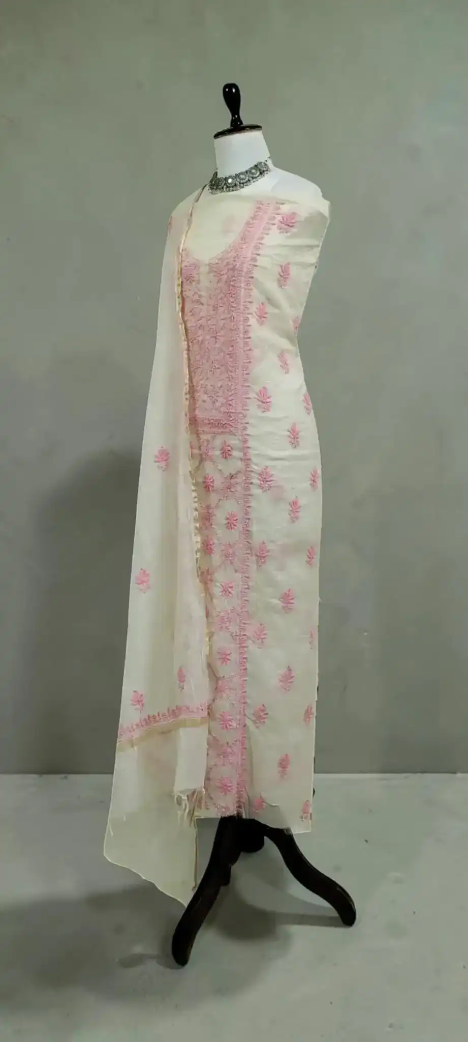 White Mul Cotton Chikankari Dress Material with Hand Embroidered Dupatta view 2