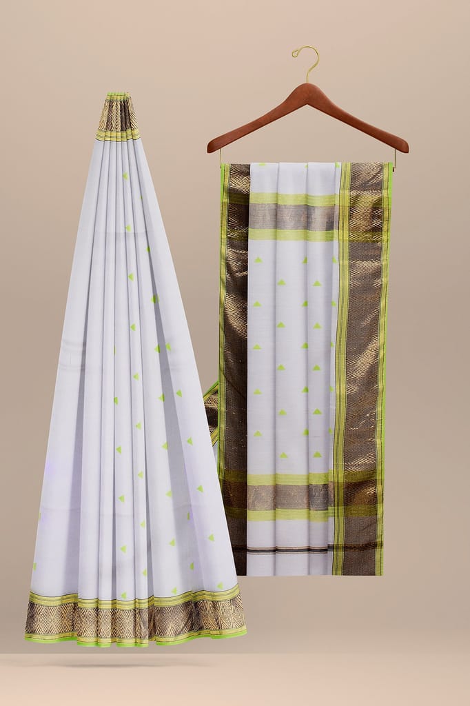 Off White Buti Handwoven Sausar Silk with Triangle Buti Border Saree SKU- BS10009 view 2