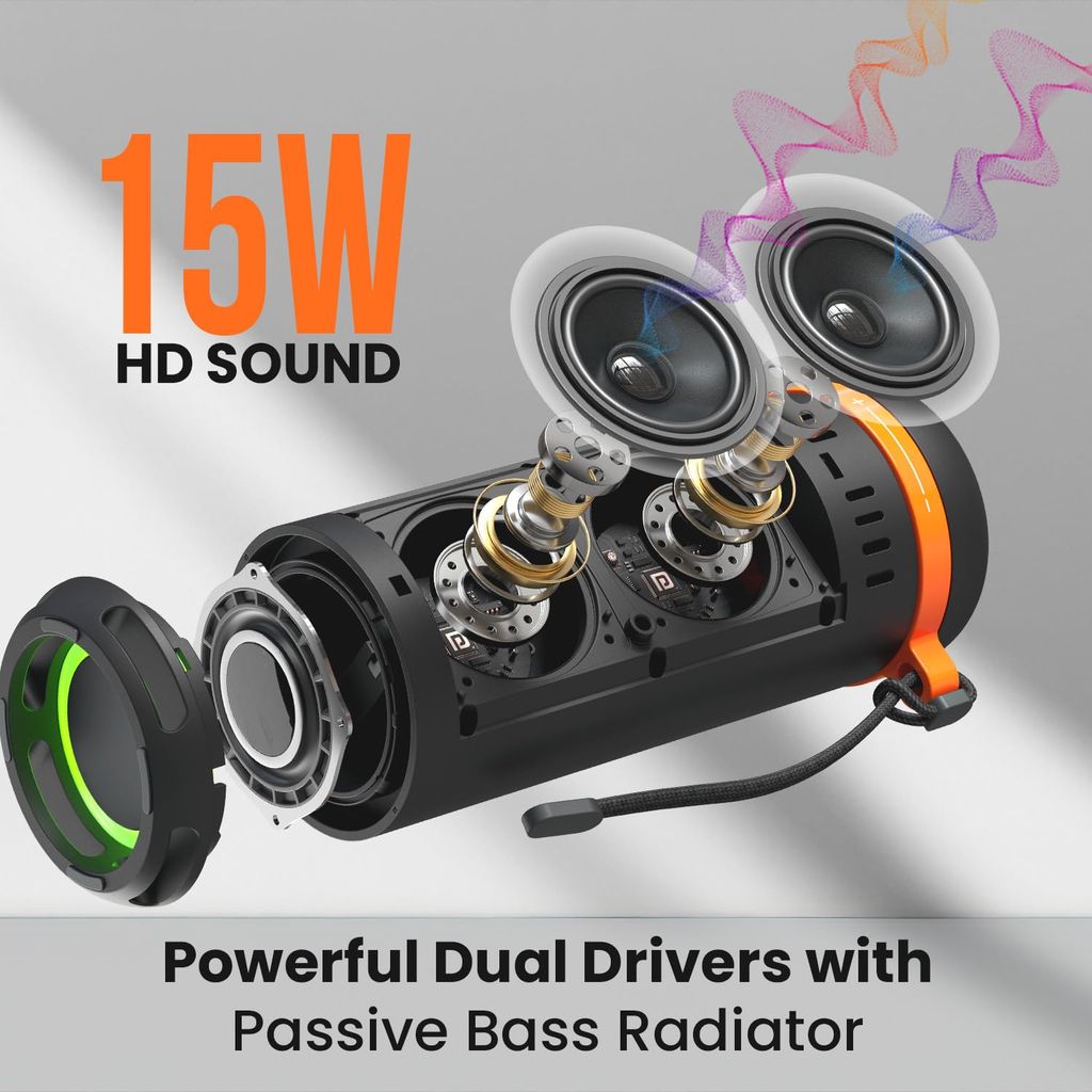 Portronics 15W Breeze 7 Wireless Bluetooth Speaker with Rotational Volume Control, Upto 6 Hours Playtime, Bluetooth 5.4V, Passive Bass Radiator, TWS Mode, RGB LED Lights, Type C Charging(Black) view 2