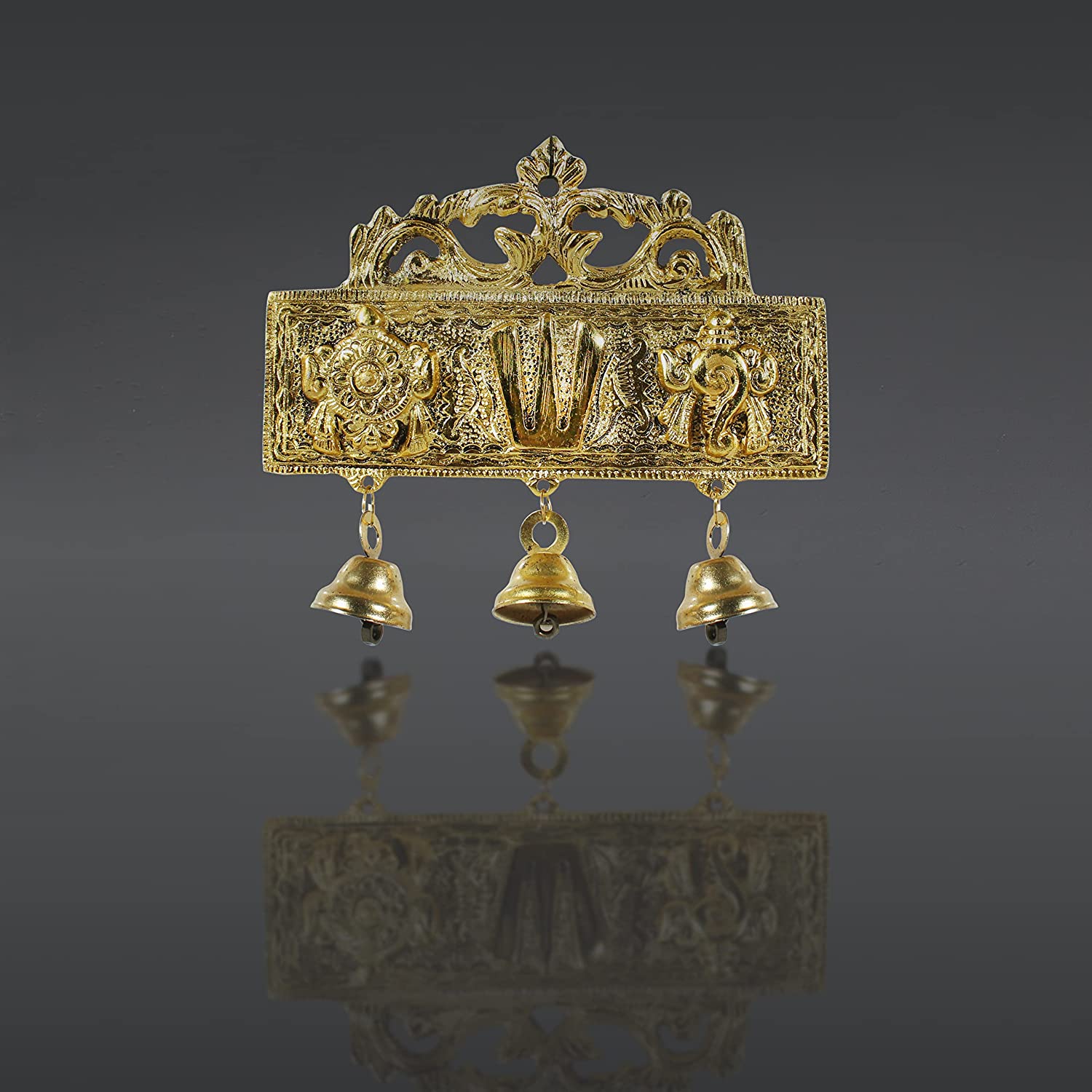 Dreamkraft White Metal Antique Finish Wall Hanging Tirupati Balaji Vishnu Shankh Chakra Namah with Bell (Golden - 18 x 3 x 15 cm ) view 2
