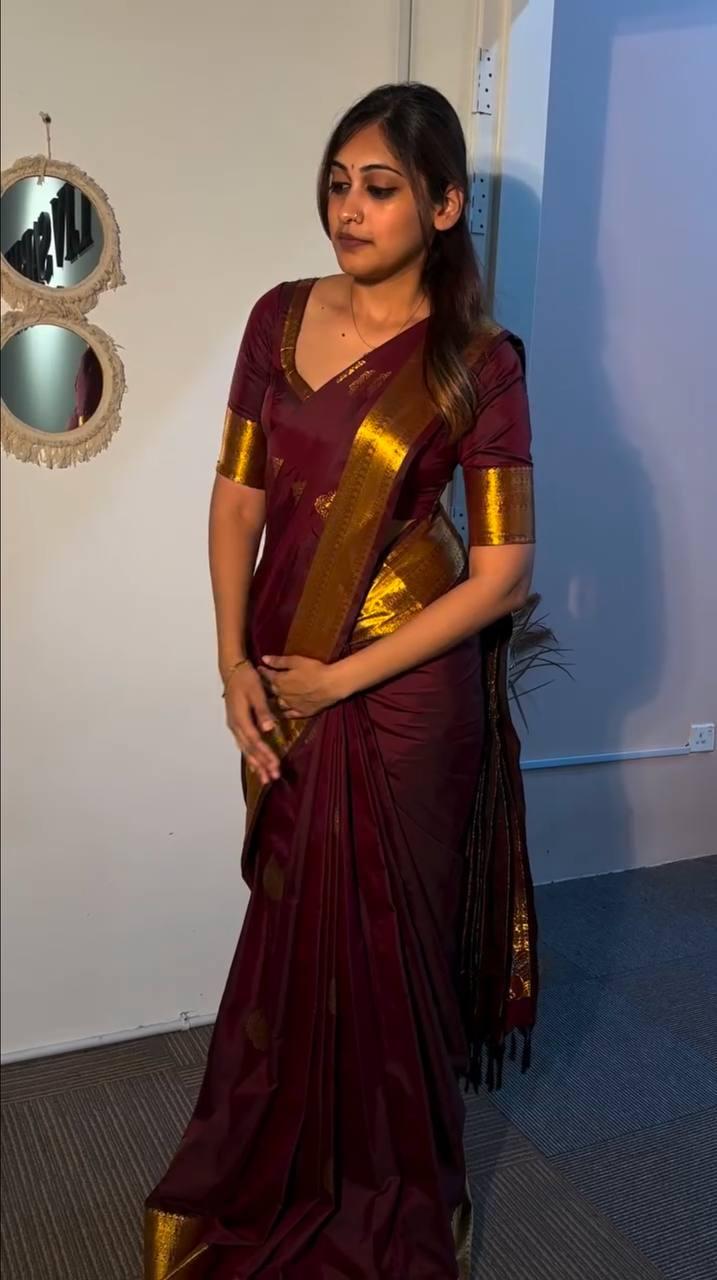 Maroon Lichi Silk Saree with Rich Jacquard Weaving view 2