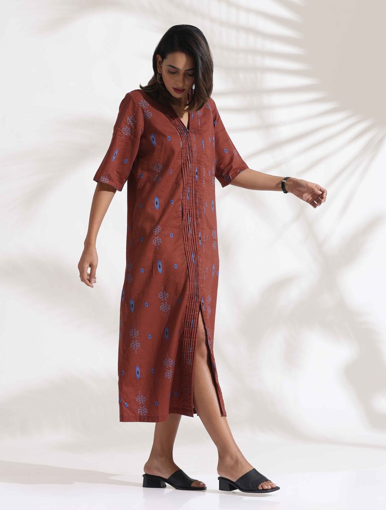 trueBrowns Brown Cotton Print pleated Dress - Brown (5XL) view 2