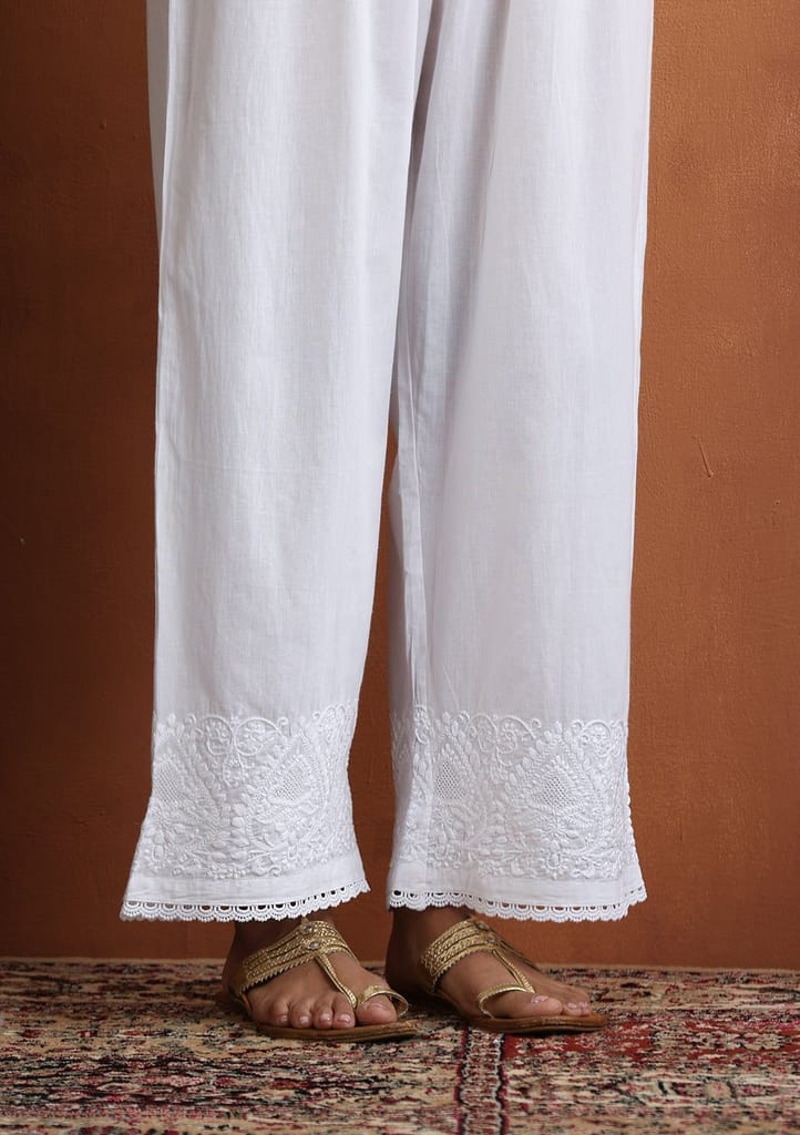 Cotton Chikankari Solid Women's Palazzo With Lace - White view 2