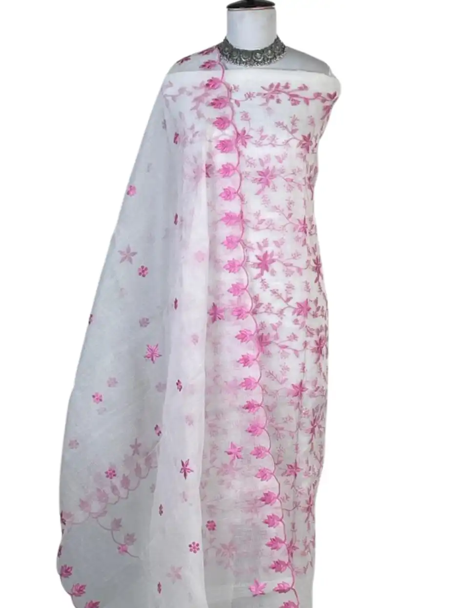 Kota Doria Dress Material White Pink Floral Jaal view 2
