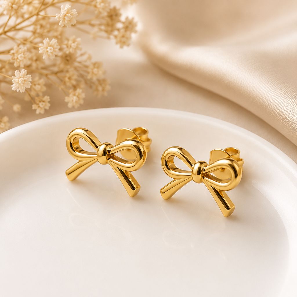 Elegantra Anti-Tarnish Minimalist Gold Bow Stud Earrings | Premium Cute Ribbon Ear Studs Set for Women & Girls (Pair of 1) view 2