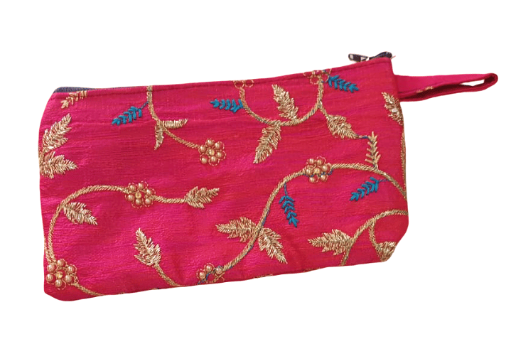 Women's Embroidered Pink Silk Pouch Bag with Dual Zippers view 2