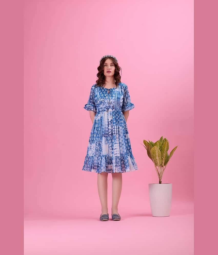 Amarasha Women Georgette Printed Fit & Flare Dress ( Blue )