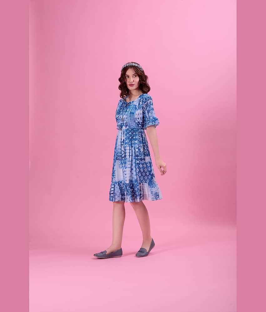 Amarasha Women Georgette Printed Fit & Flare Dress ( Blue ) view 2