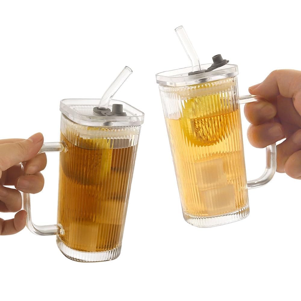 Glass Drinking Tumbler with Lid & Straw, 250 ML, Set of 1, Transparent Square Cup with Handle, Sipper for Juice, Water, Smoothies, Cocktail, Mocktail and Variety of Drinks, Ideal for Man/Women view 2