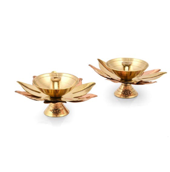 Brass & Copper Lotus/Kamal Design Diya Deepak | Akhand Jyot | Arti Poojan Temple Home Decor, Gold_3 X 3 X 1.5 Inch ( pack of 2) view 2
